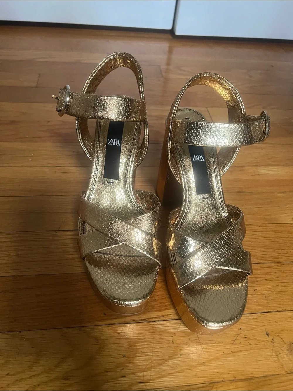 Zara Metallic Gold Platform Ankle-Strap Heels